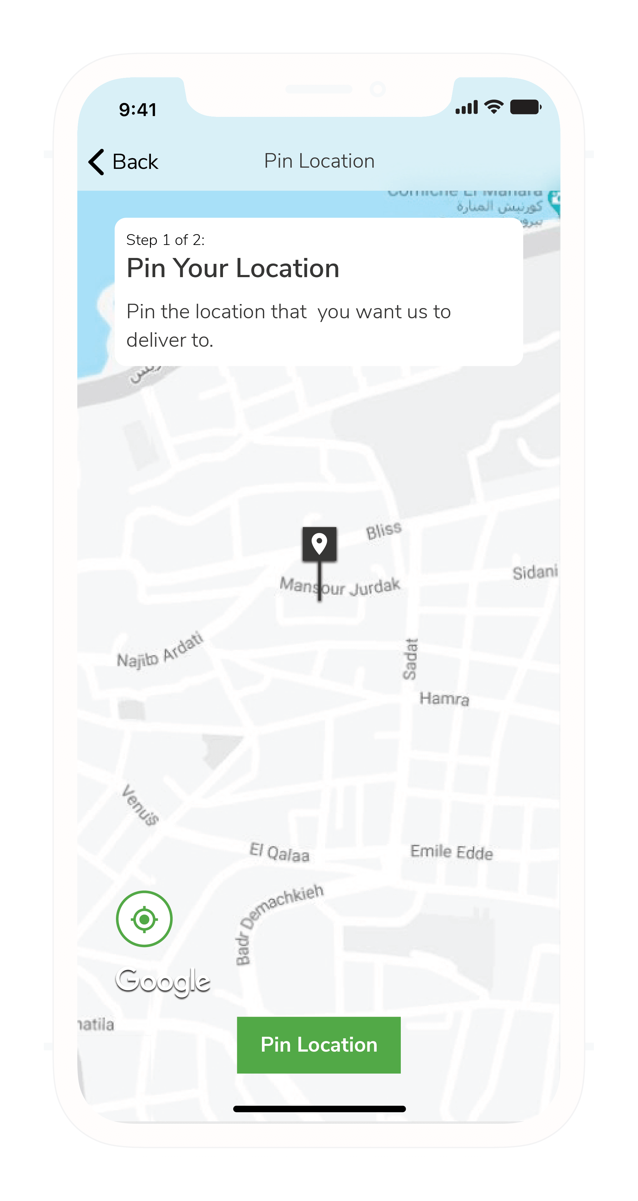 Screenshot of the Add Address' map location pin prototype